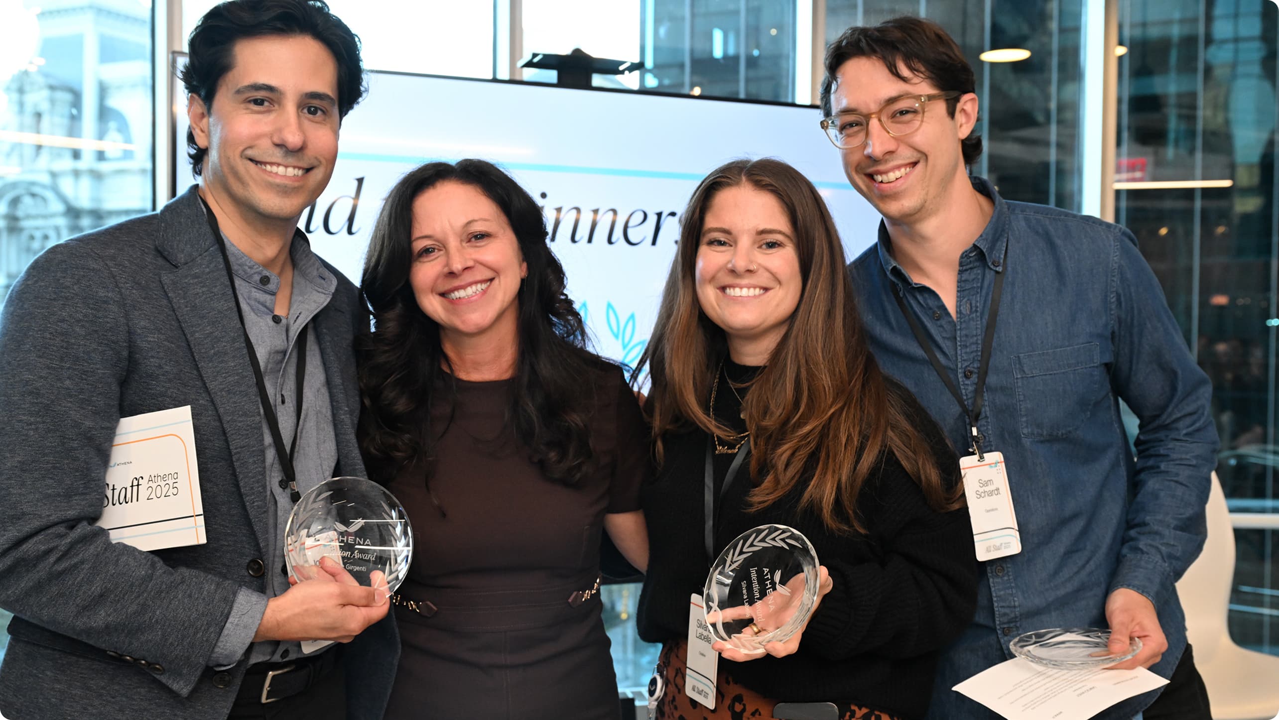 From left to right: Jose Alvarez (receiving on behalf of Nichole Girgenti), Jen Buchness, Silvana Labella, and Sam Schardt. Nichole, Silvana, and Sam were awarded the 2025 Intention Award for their work. Photography by Sabina Pierce.