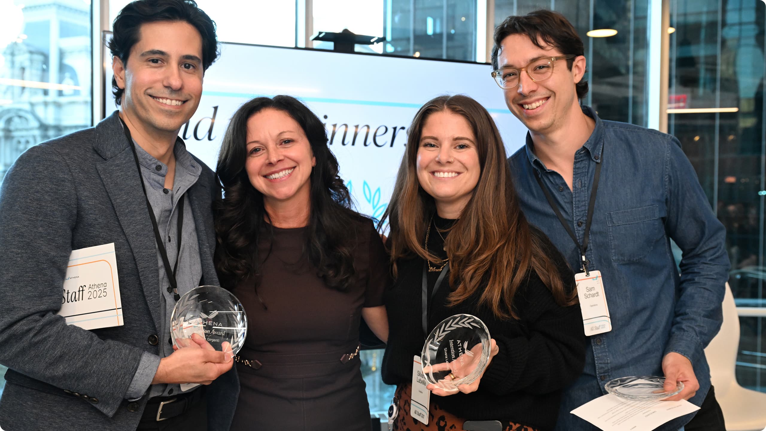 From left to right: Jose Alvarez (receiving on behalf of Nichole Girgenti), Jen Buchness, Silvana Labella, and Sam Schardt. Nichole, Silvana, and Sam were awarded the 2025 Intention Award for their work. Photography by Sabina Pierce.