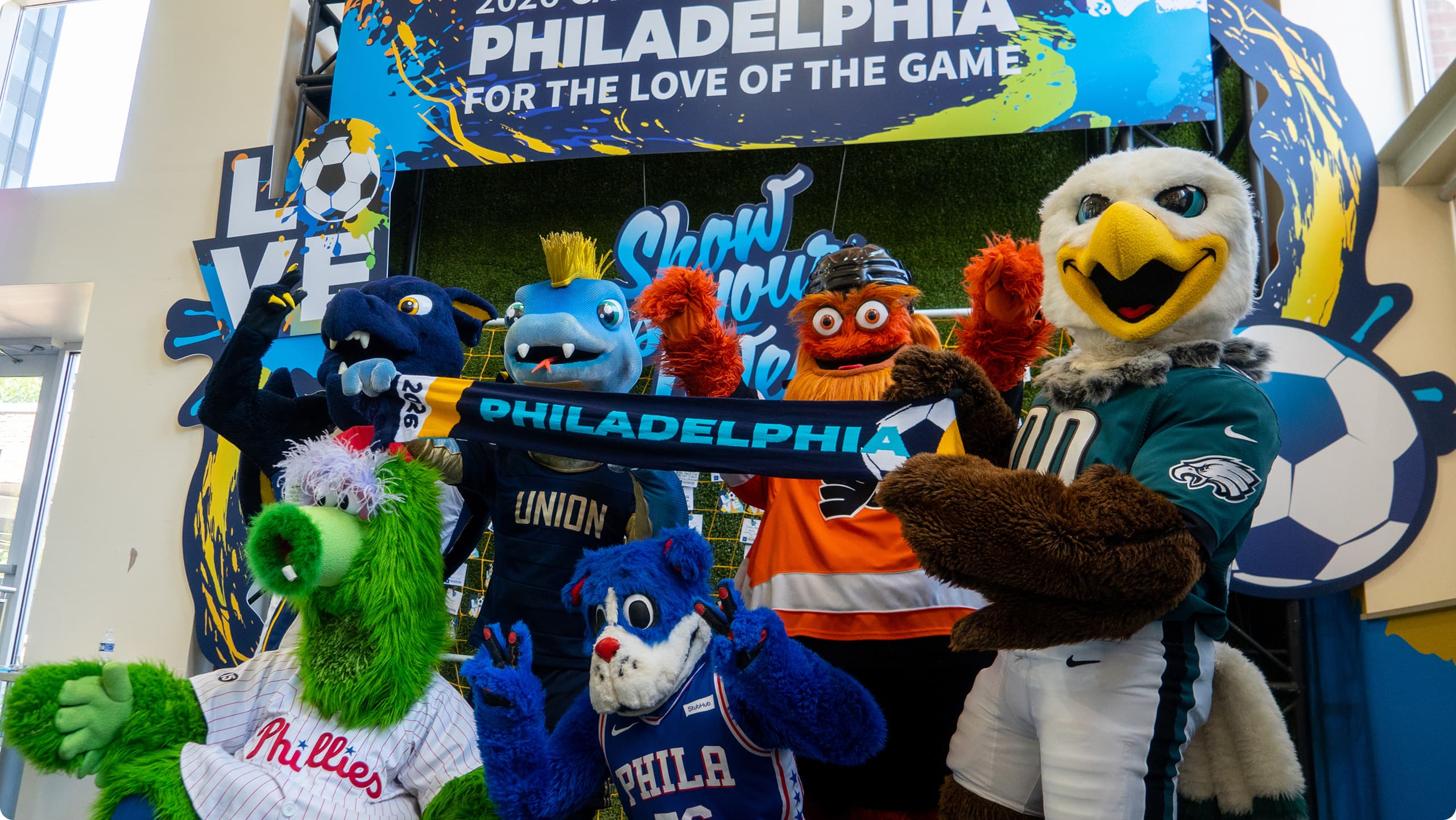 Philadelphia's sports mascots celebrating Philadelphia's candidacy for the 2026 World Cup